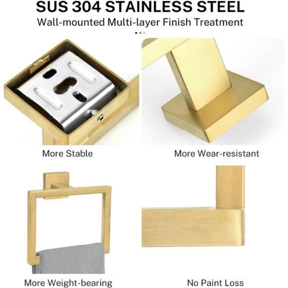 Bathroom towel ring set 2 piece wall mounted brushed gold square hand towel hold - Picture 3 of 8